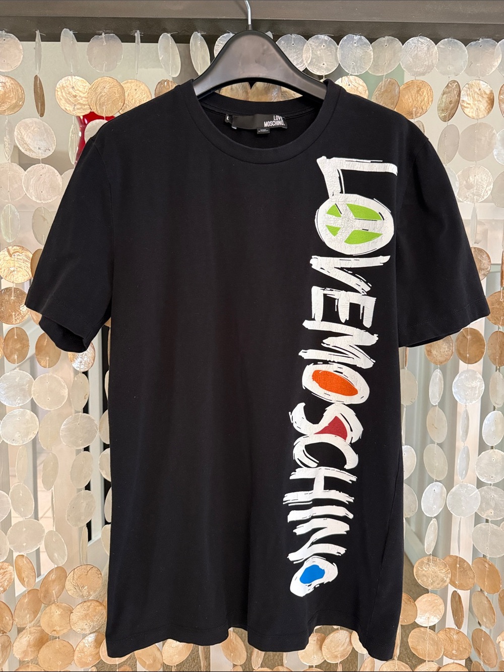 Love Moschino Black Tee with Vertical Multicolor Logo